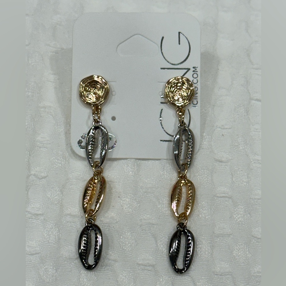Icing Gold/Silver/Dark Silver Triple Cowrie Shell Shaped Long Dangle Earrings